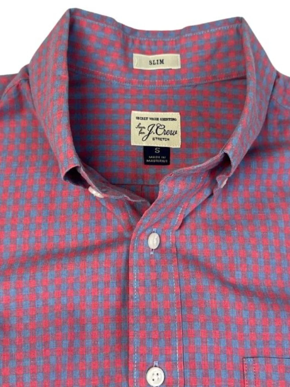 J.Crew Secret Wash Stretch Slim Coral Pink Blue Gingham Shirt S